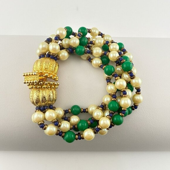 Vintage Mimi Di N Bracelet Multi Strand Beaded Green Blue Ornate Clasp Gold Tone - Picture 1 of 13
